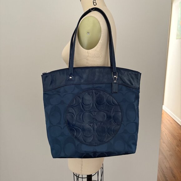 Coach Navy Blue Laura Signature Nylon/Patent Leather Shoulder Tote - Picture 1 of 12